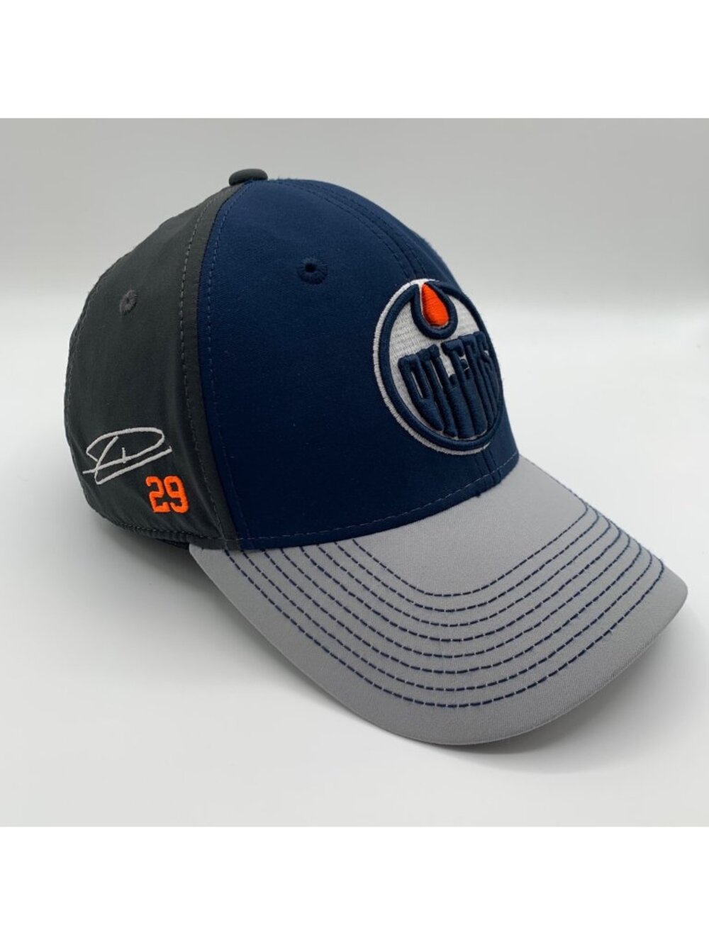 Edmonton Oilers NHL Navy Blue Gray Adidas Leon Draisaitl Stretch Fitted Hat S/M